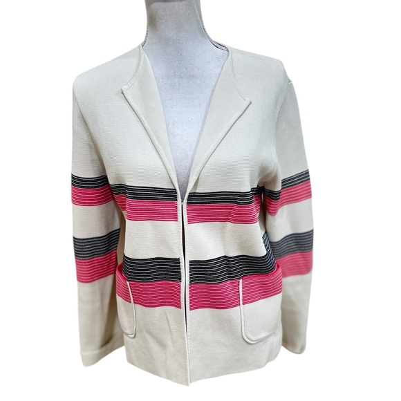 Talbots Cream Knit pink black stripe Sweater jacket hand pockets size large - Picture 2 of 11